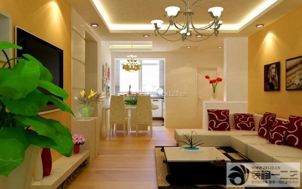 華鵬宜家裝修效果圖，包括兩室兩廳 小客廳 客廳裝修設(shè)計 純色壁紙 沙發(fā)背景墻 背景墻壁紙 電視背景墻 石膏板吊頂 棕黃色木地板 地墊 射燈 燈帶 歐式吊燈 電視柜 白色茶幾 轉(zhuǎn)角沙發(fā) 布藝沙發(fā) 黃色墻面 裝飾畫 等裝修圖片